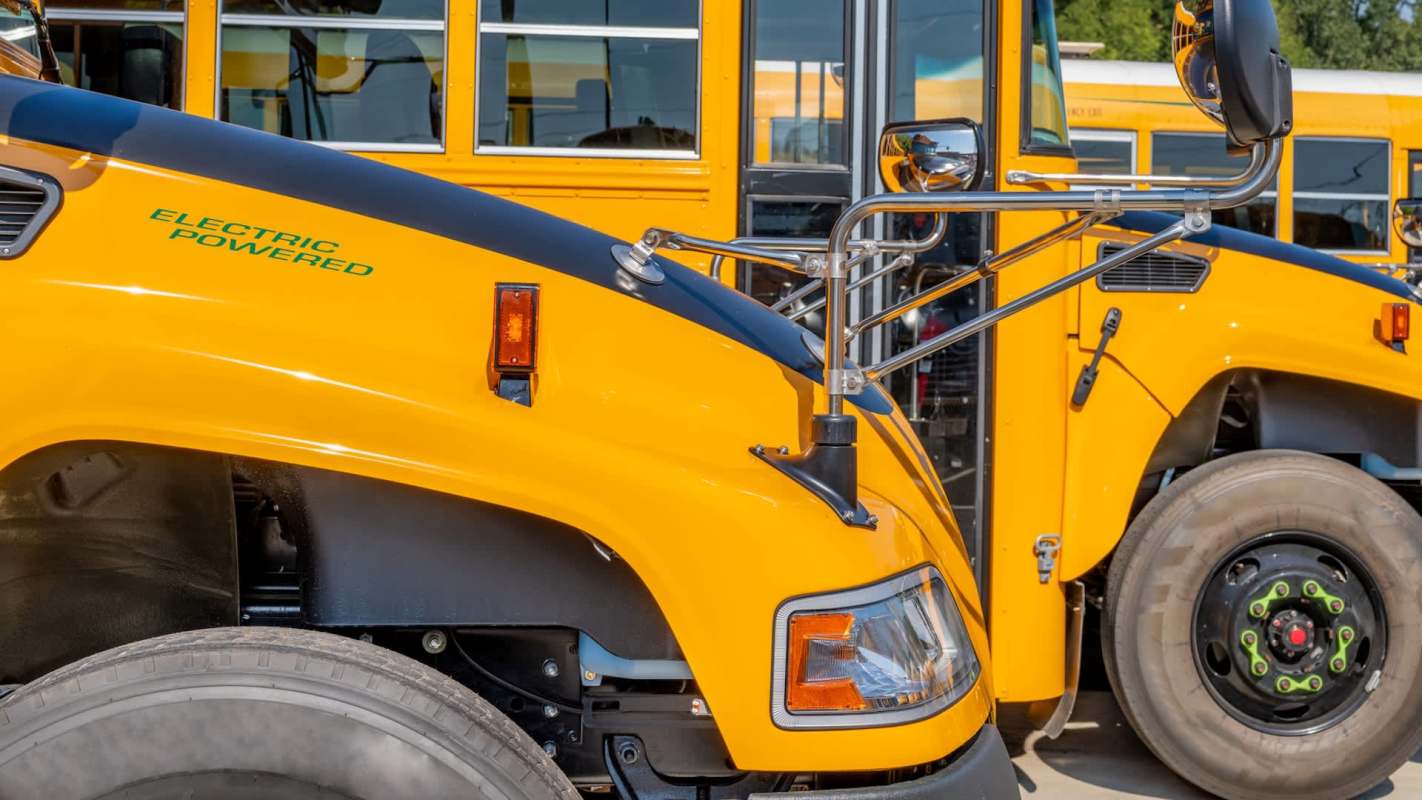 Two yellow electric school buses parked side by side.