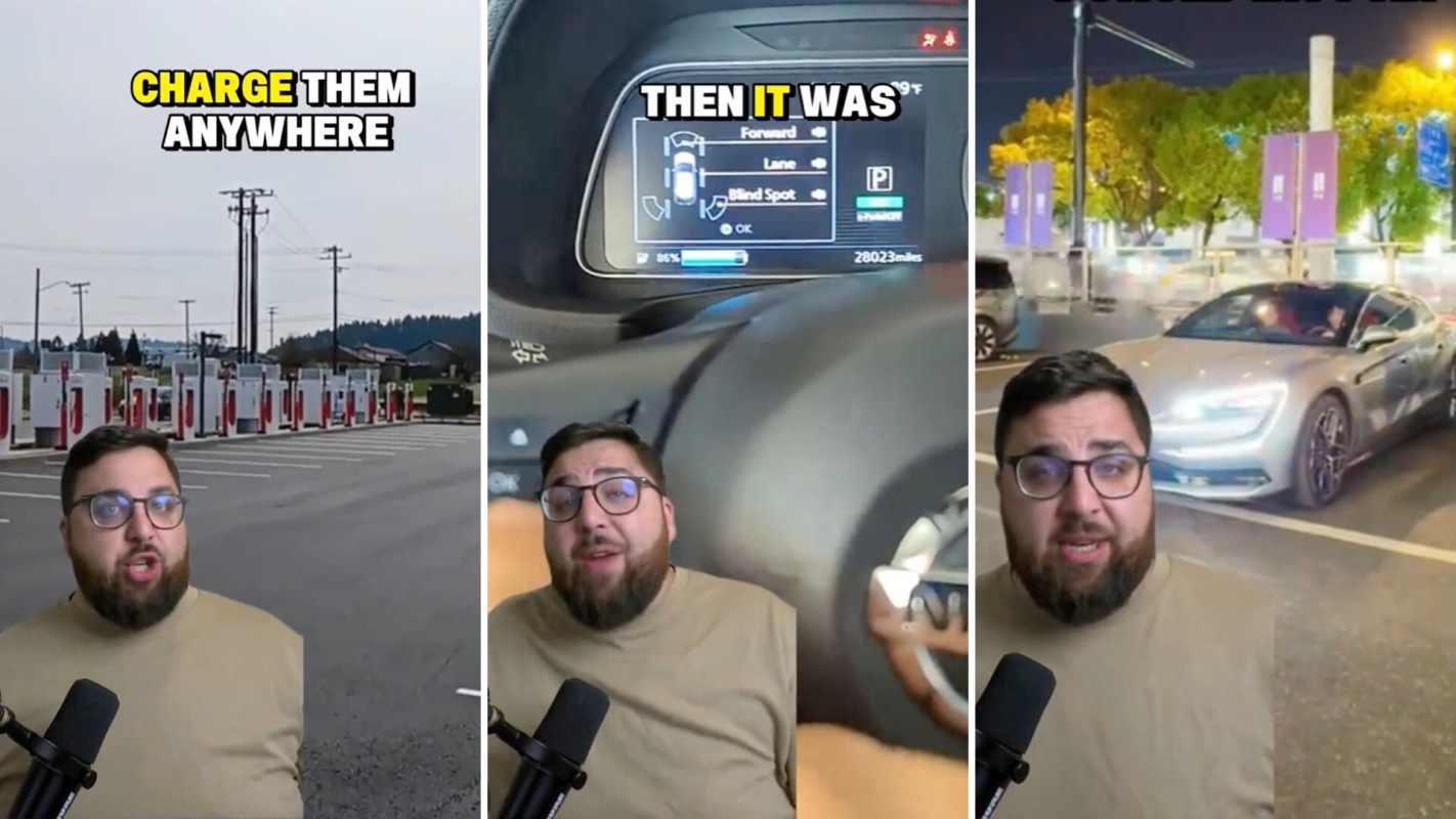 A man appears in the lower left of each frame of a triptych, talking about electric vehicles.