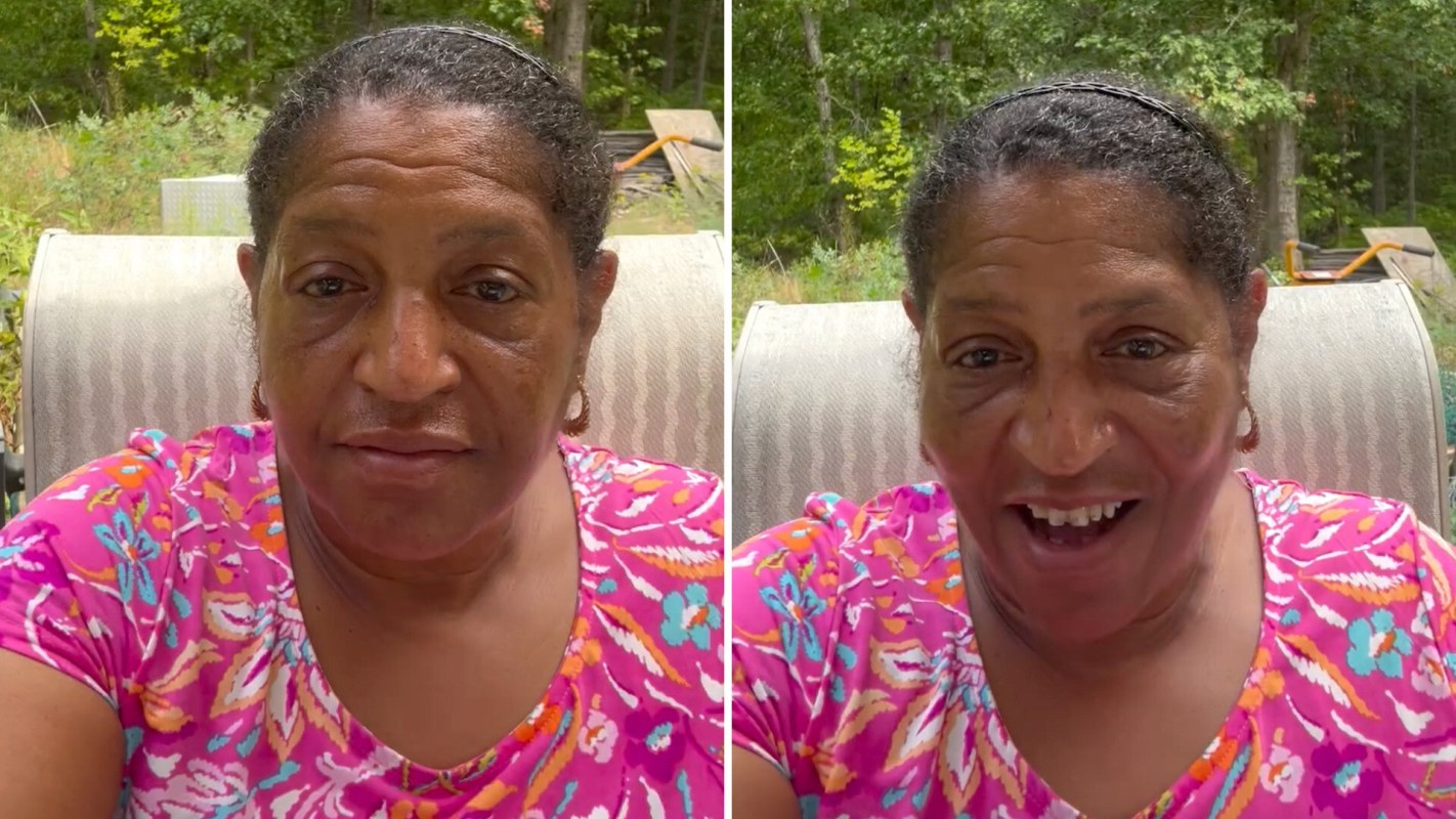 A woman wearing a colorful floral shirt sits outdoors, appearing in two different expressions.