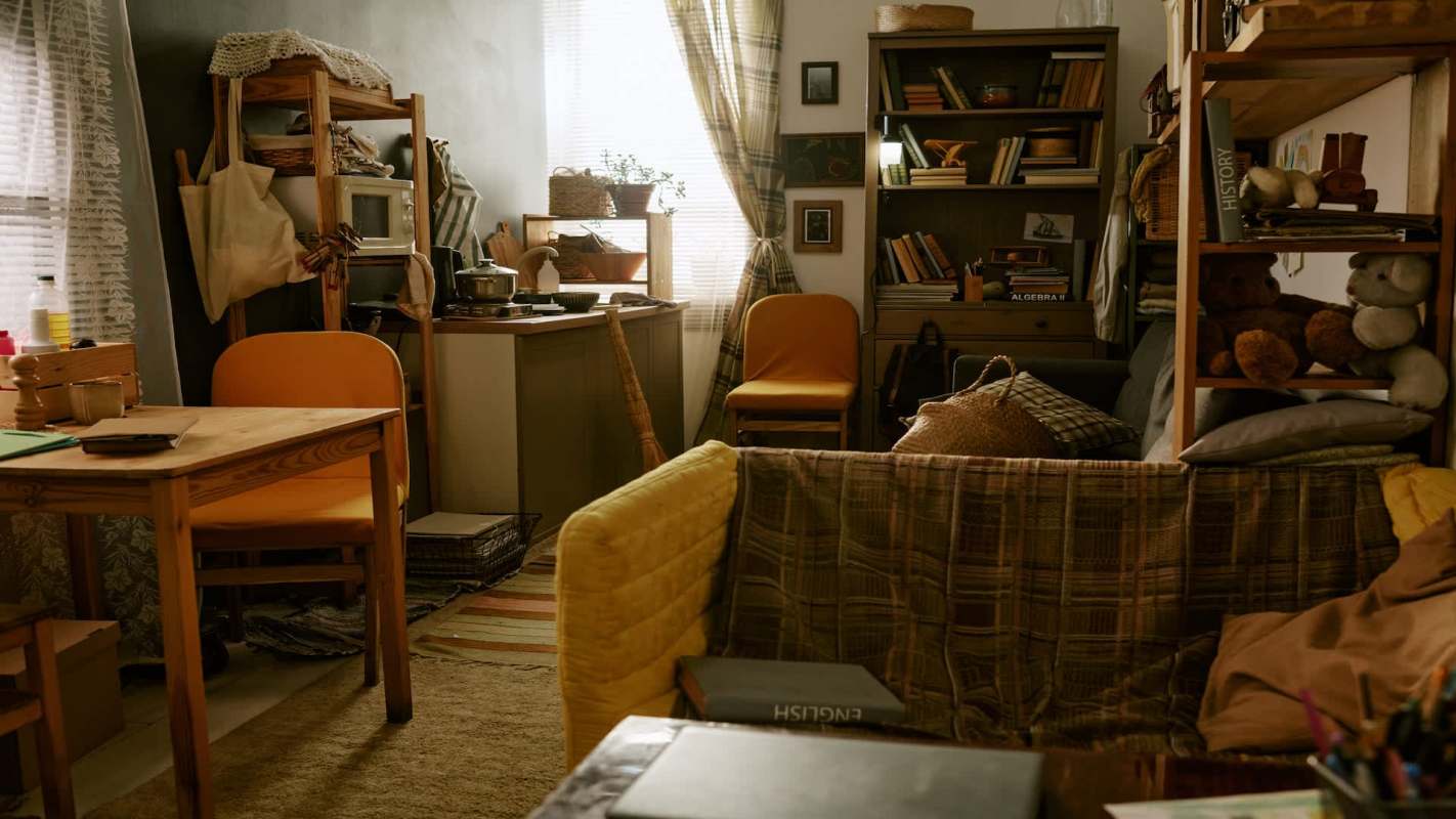 A cozy interior with a wooden table, chairs, bookshelves, and various household items arranged around the space.