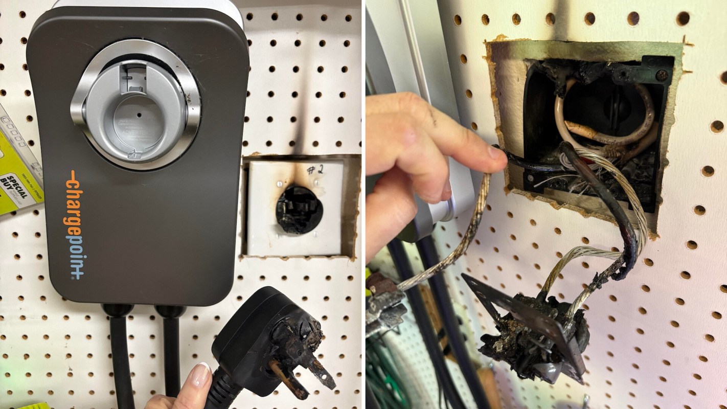 An electric vehicle charger with burnt wires.