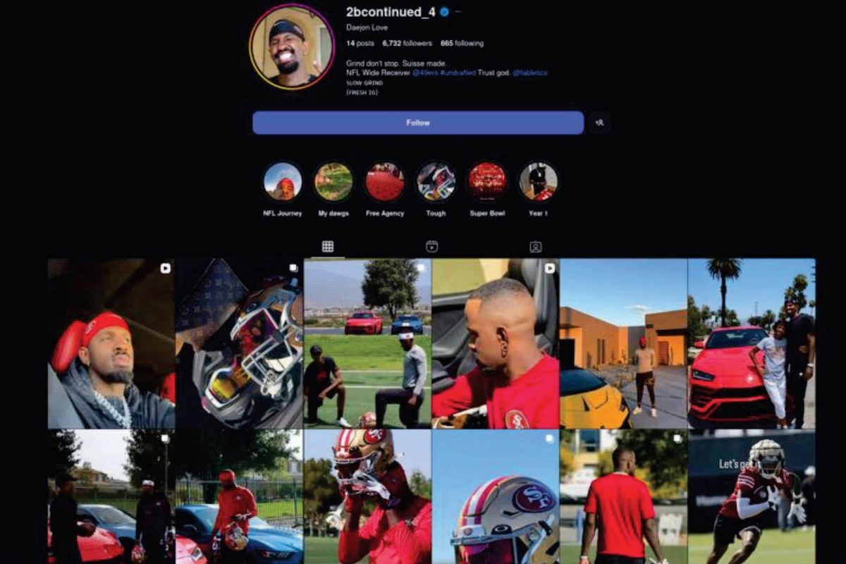 A social media profile displaying various images, including a person, cars, and sports equipment.