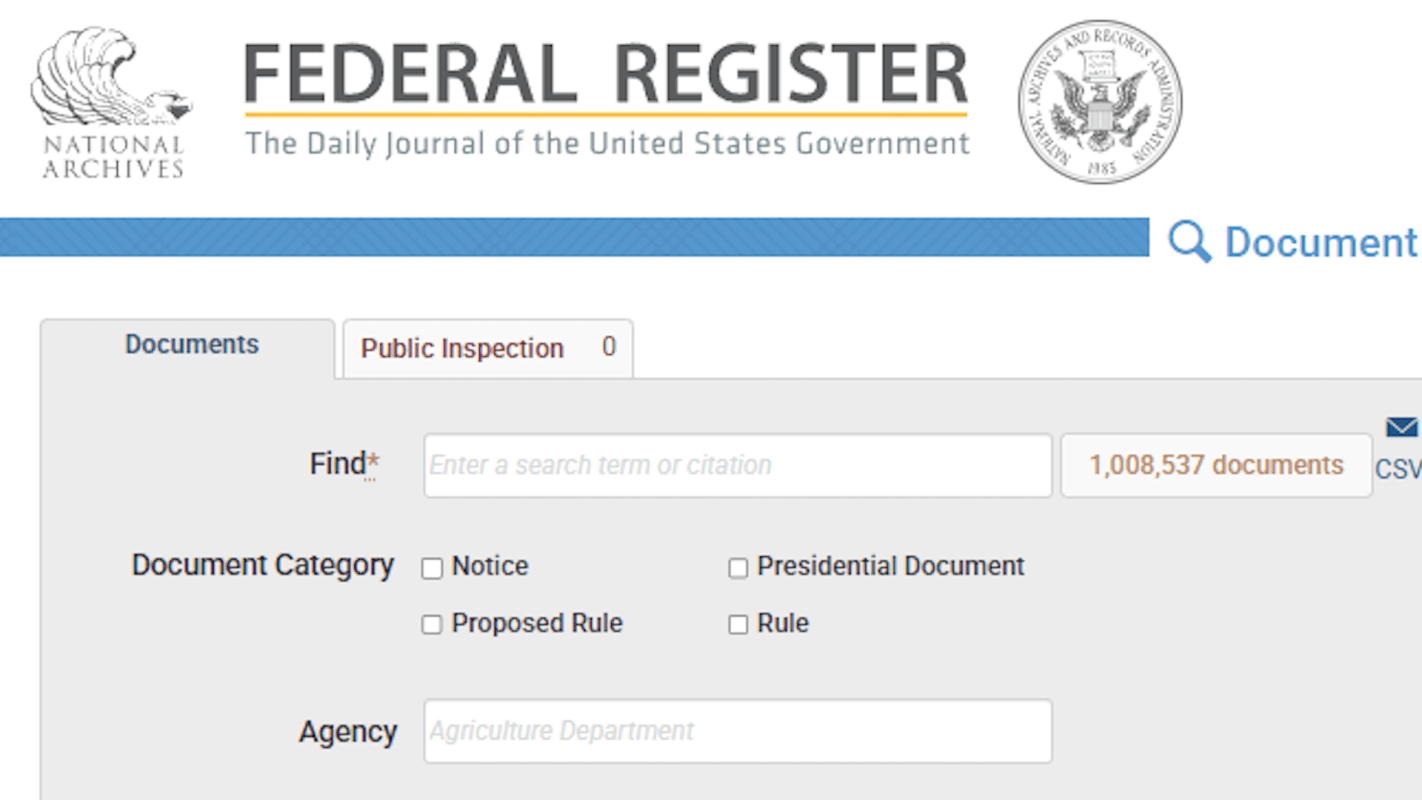A screenshot of the Federal Register website showing document search options and categories.
