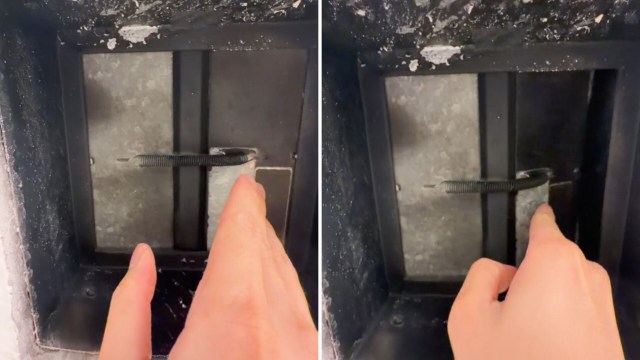 A hand is shown pointing at a mechanism inside a rectangular opening.