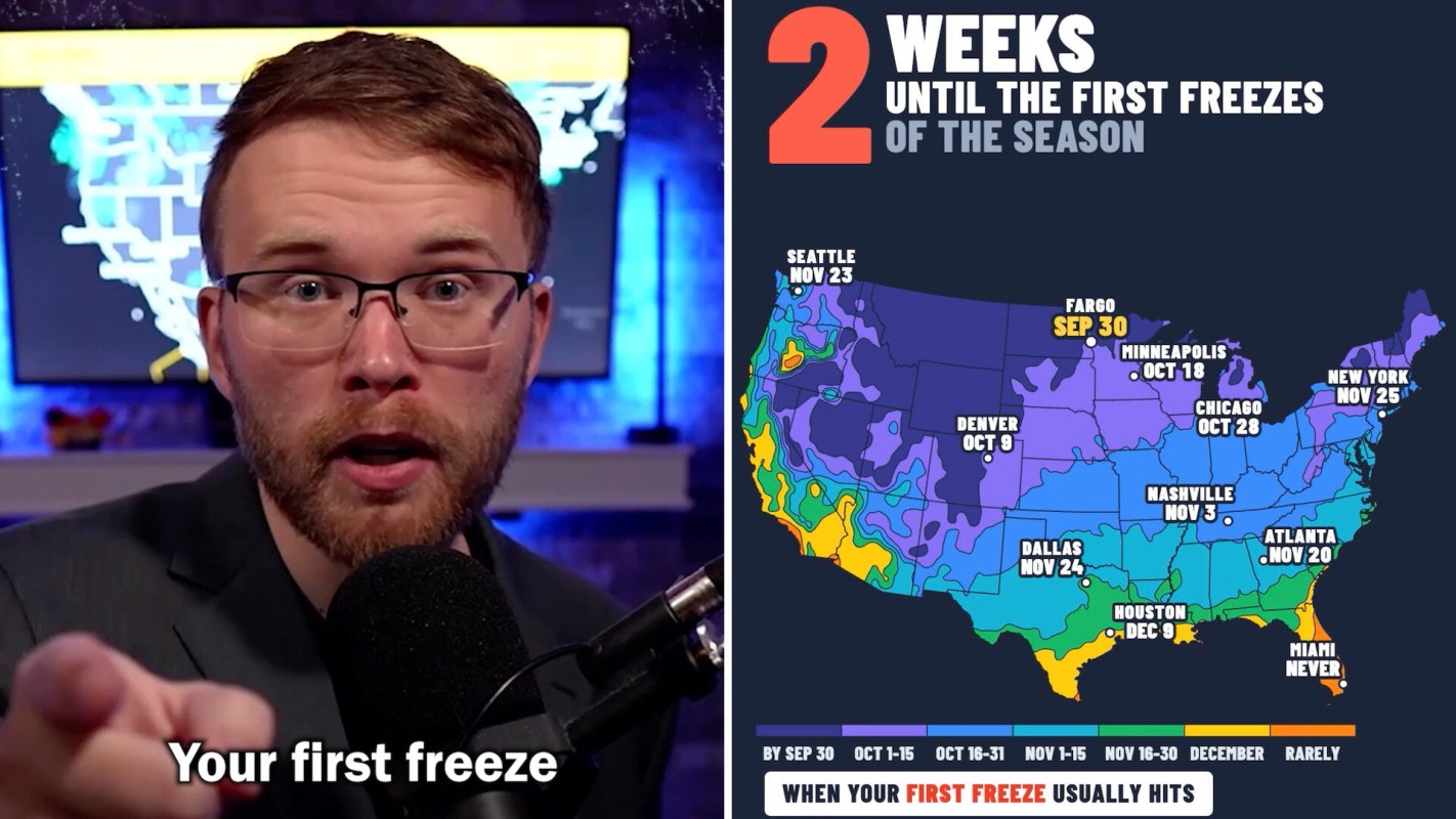 A person gestures towards a graphic showing the schedule for the first freezes across the United States.