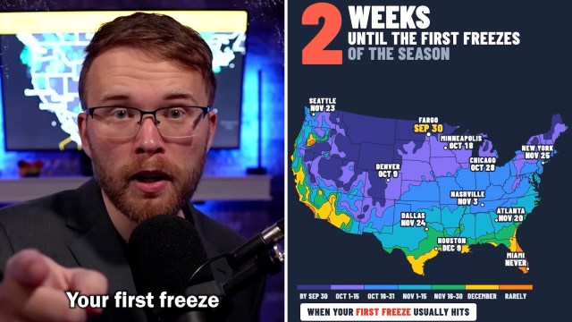 A person gestures towards a graphic showing the schedule for the first freezes across the United States.