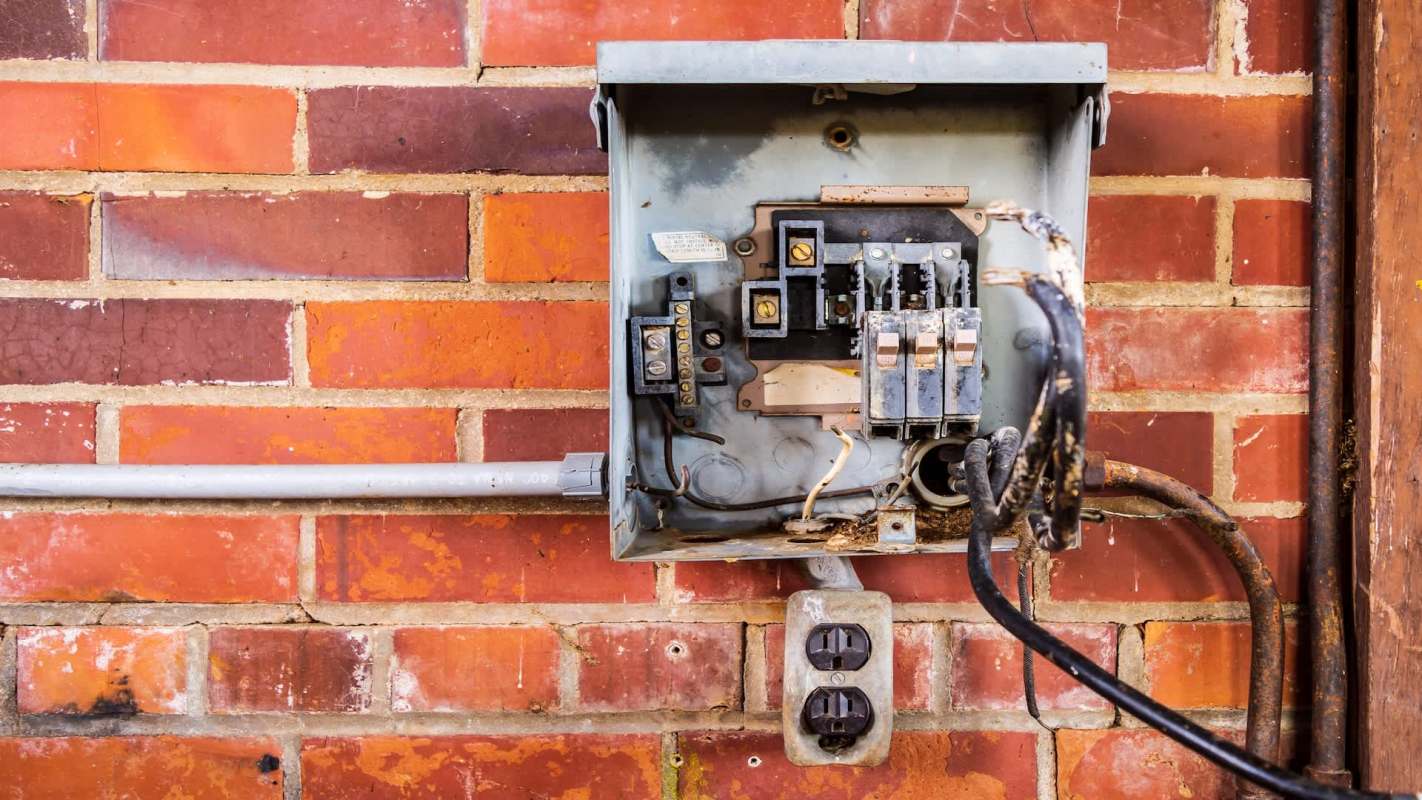 An electrical panel mounted on a brick wall with exposed wiring and outlets.