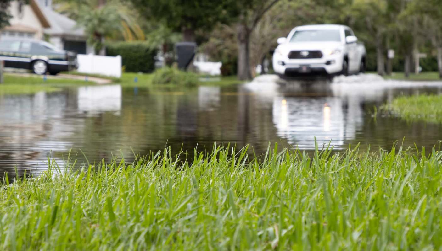 A vehicle drives through a flooded street with grassy areas nearby.
