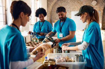 People working at a food bank.