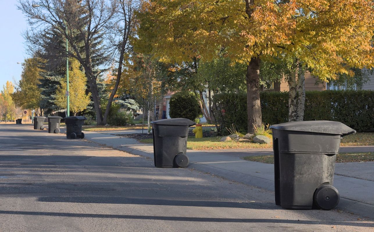 Garbage cans in front of houses in a neighborhood.