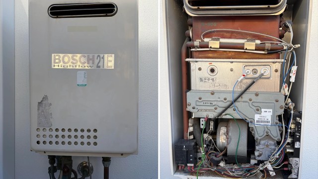 A gas water heater unit with visible brand label and internal components.