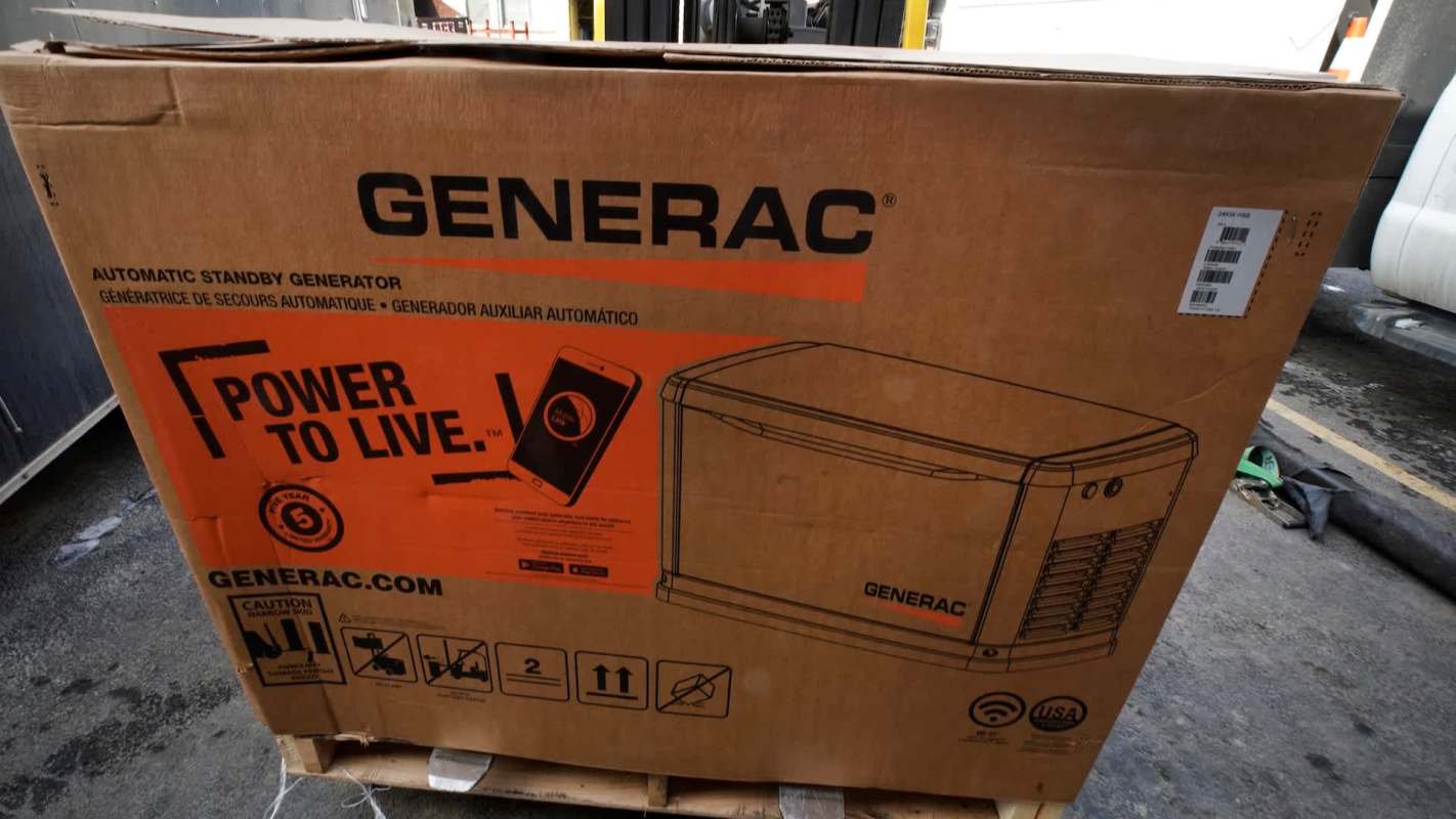 A cardboard box displaying an automatic standby generator with branding and features.