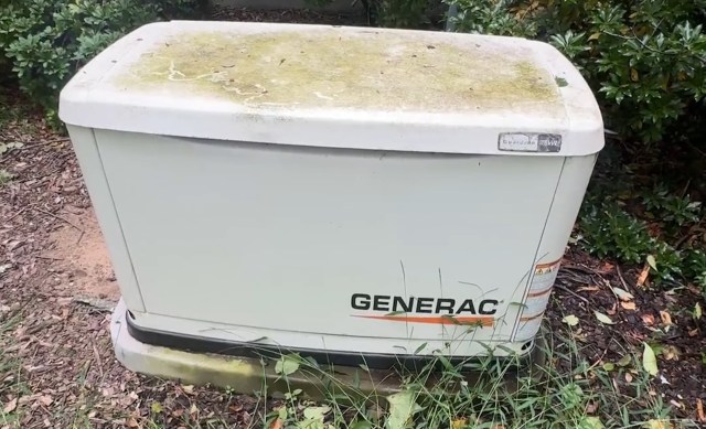 A Generac generator surrounded by overgrown grass and plants.