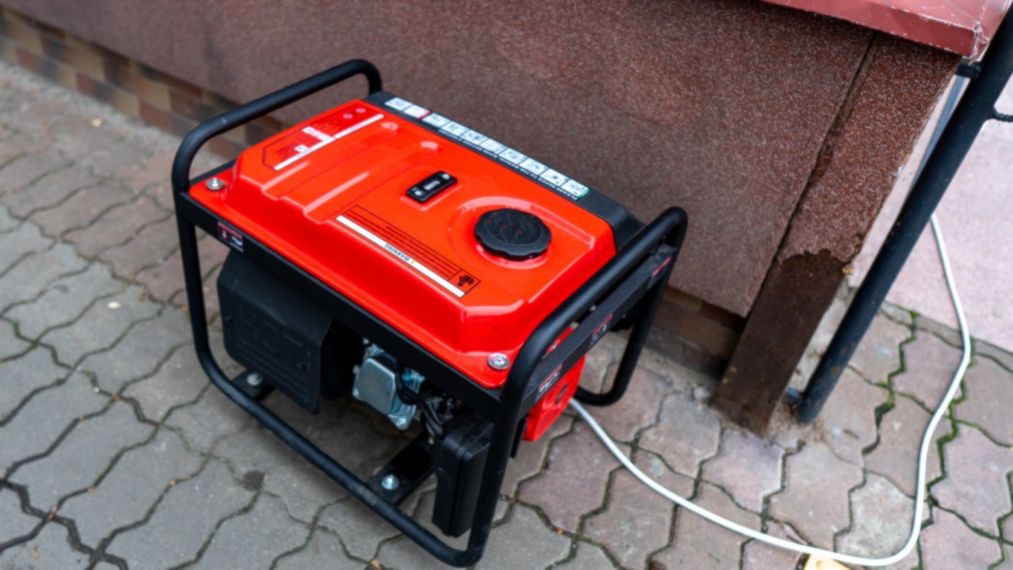 A red portable generator on a paved surface next to a wall.