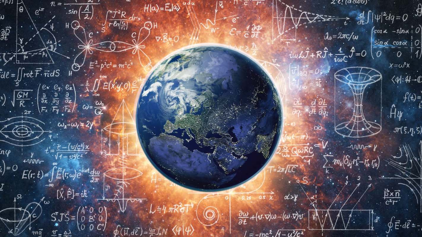Earth surrounded by equations and diagrams in a cosmic background.