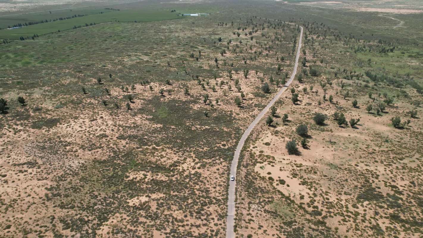 A winding road cuts through a sparse landscape with patches of grass and scattered trees.