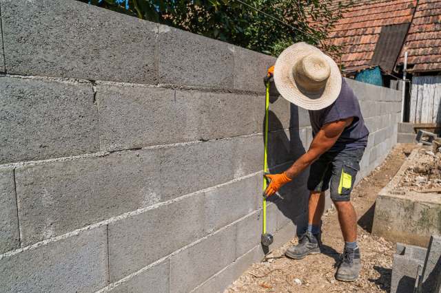 A person measures a concrete block wall with a tape measure in a construction area.