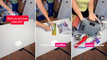 A person showing their emergency kit supplies.
