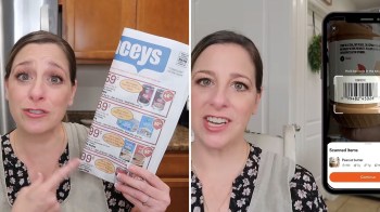 A woman holds up a grocery store flyer and is seen speaking next to a screenshot of a smartphone app.