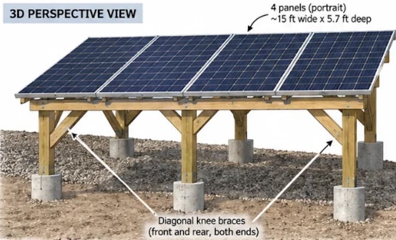 A wooden structure supporting solar panels, with concrete footings and diagonal braces for stability.