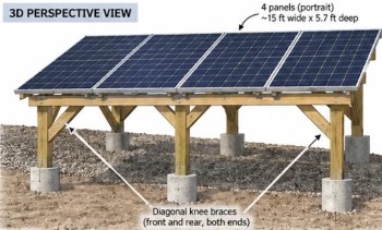 A wooden structure supporting solar panels, with concrete footings and diagonal braces for stability.