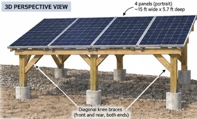 A wooden structure supporting solar panels, with concrete footings and diagonal braces for stability.