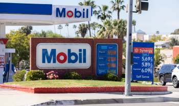 A Mobil gas station sign displaying fuel prices, with $5.59 and $5.69 as the cheapest prices, and surrounded by greenery.
