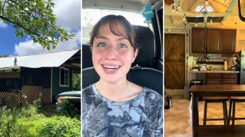 A split image featuring a house with greenery, a woman smiling in a car, and a cozy kitchen interior.