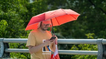 A man stands under a red umbrella while using a smartphone on a walkway surrounded by greenery.