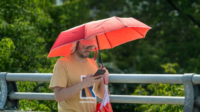 A man stands under a red umbrella while using a smartphone on a walkway surrounded by greenery.