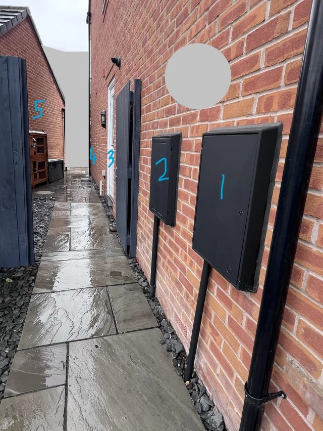 The outside of a home with markings indicating where a battery, EV charger and other equipment would be located.
