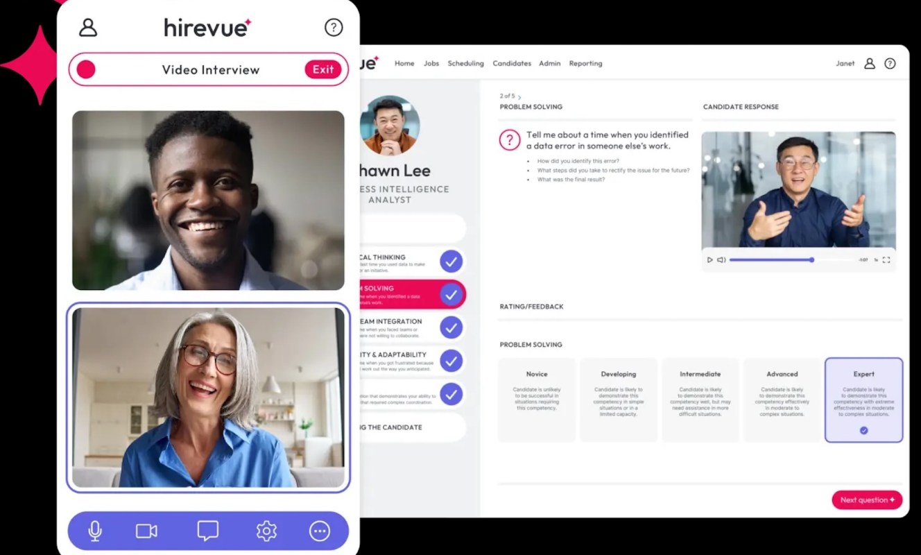 A video interview interface displays two participants talking, with candidate evaluation criteria visible on the side.