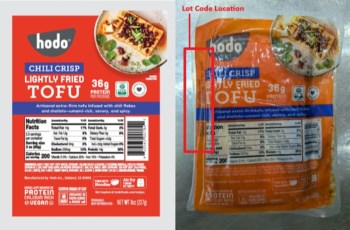 Label of Hodo Chili Crisp Lightly Fried Tofu showing nutritional facts and a marked lot code location.