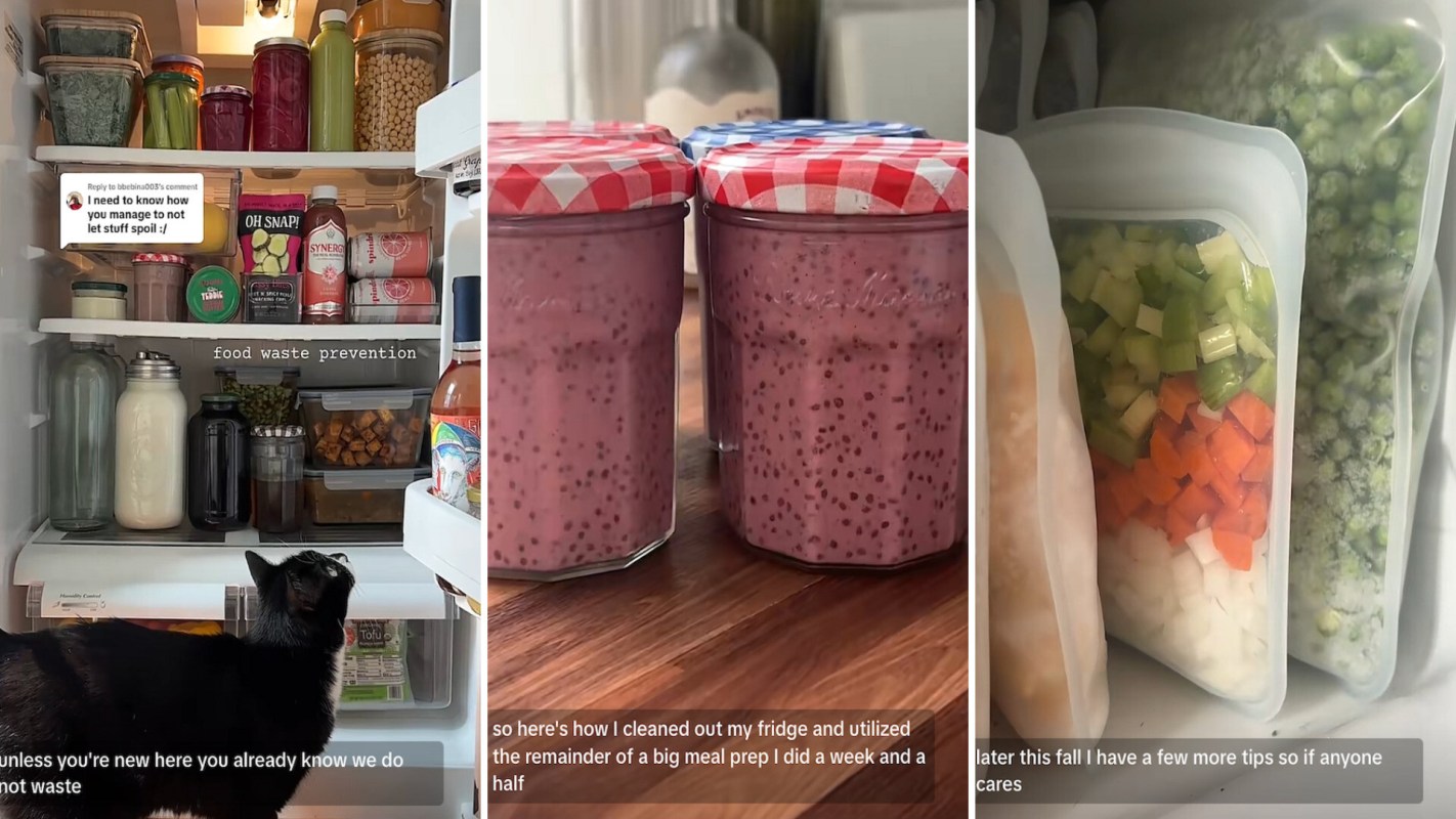 A refrigerator filled with neatly organized jars, containers, and bags of vegetables and smoothies.