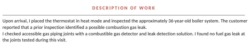 A HVAC repair report describing no gas leak at the boiler's joints. 