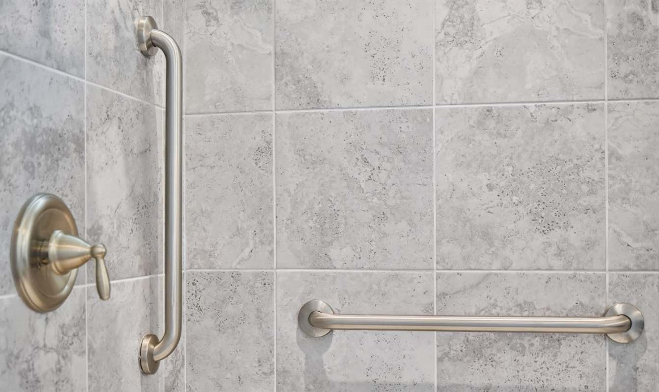 Two grab bars mounted on the shower of a wall with gray textured tiles.