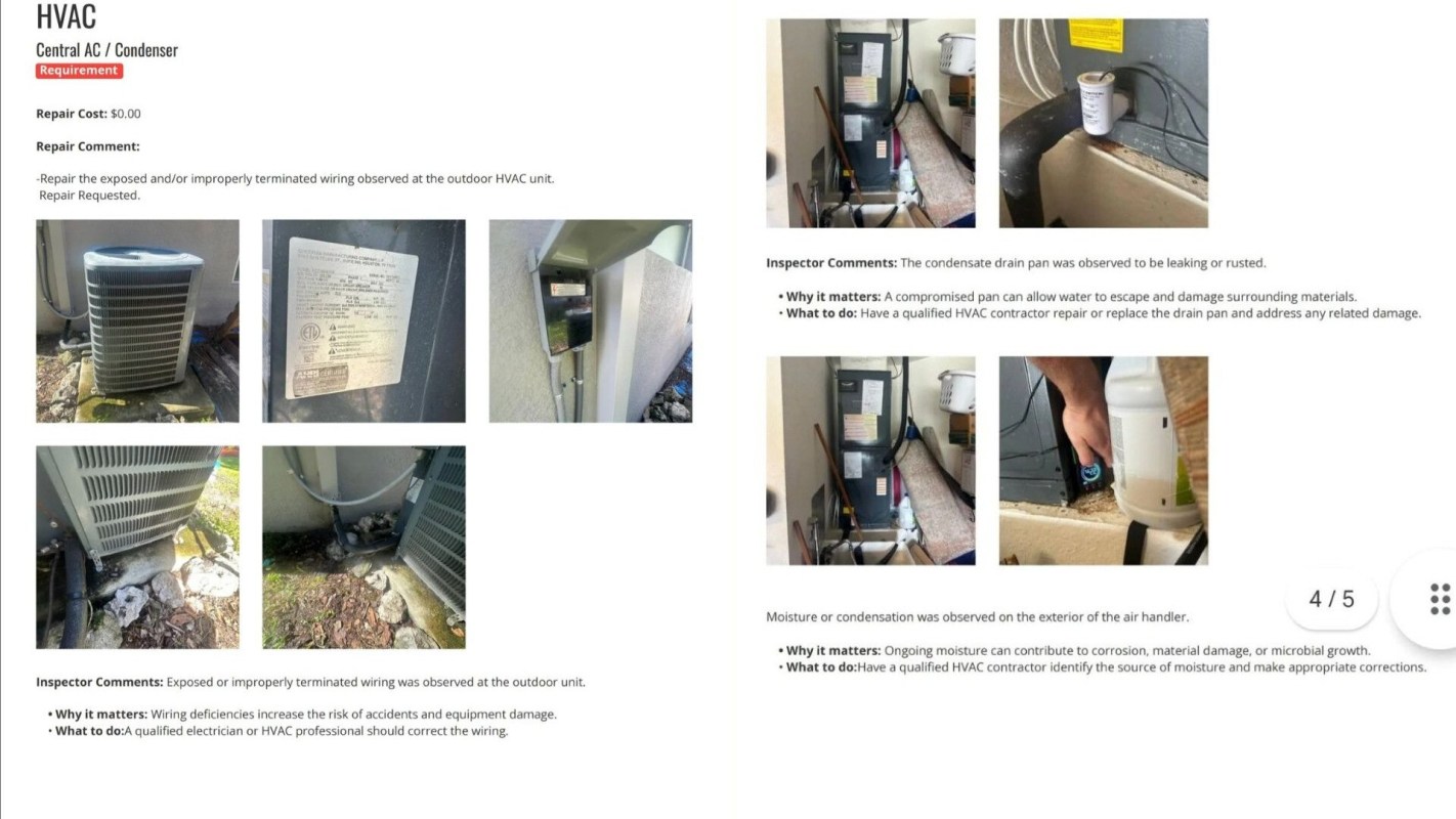 Repair list from home inspector displaying different items and repair cost