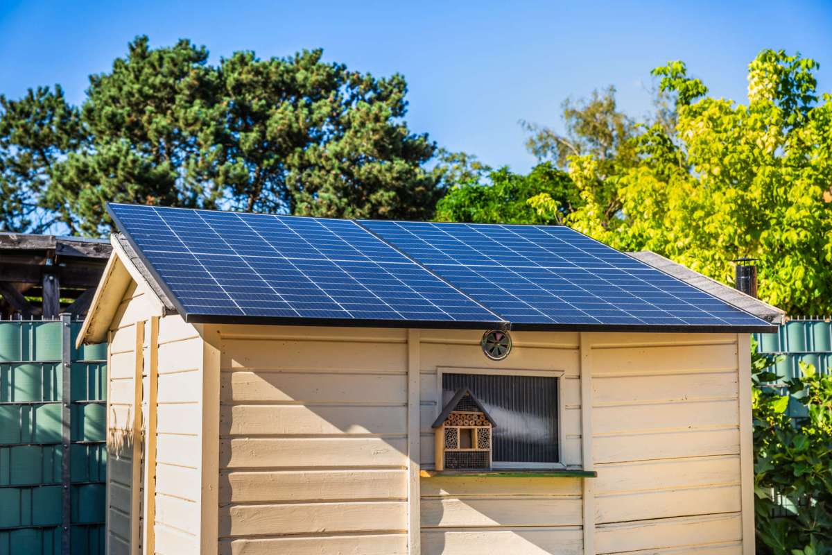 A wooden shed topped with solar panels, featuring a decorative birdhouse and surrounded by greenery.