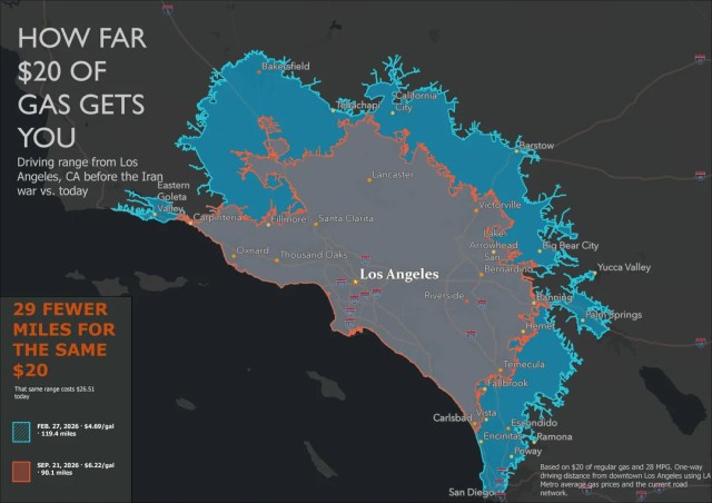 A map showing estimated driving range on $20 of gas.