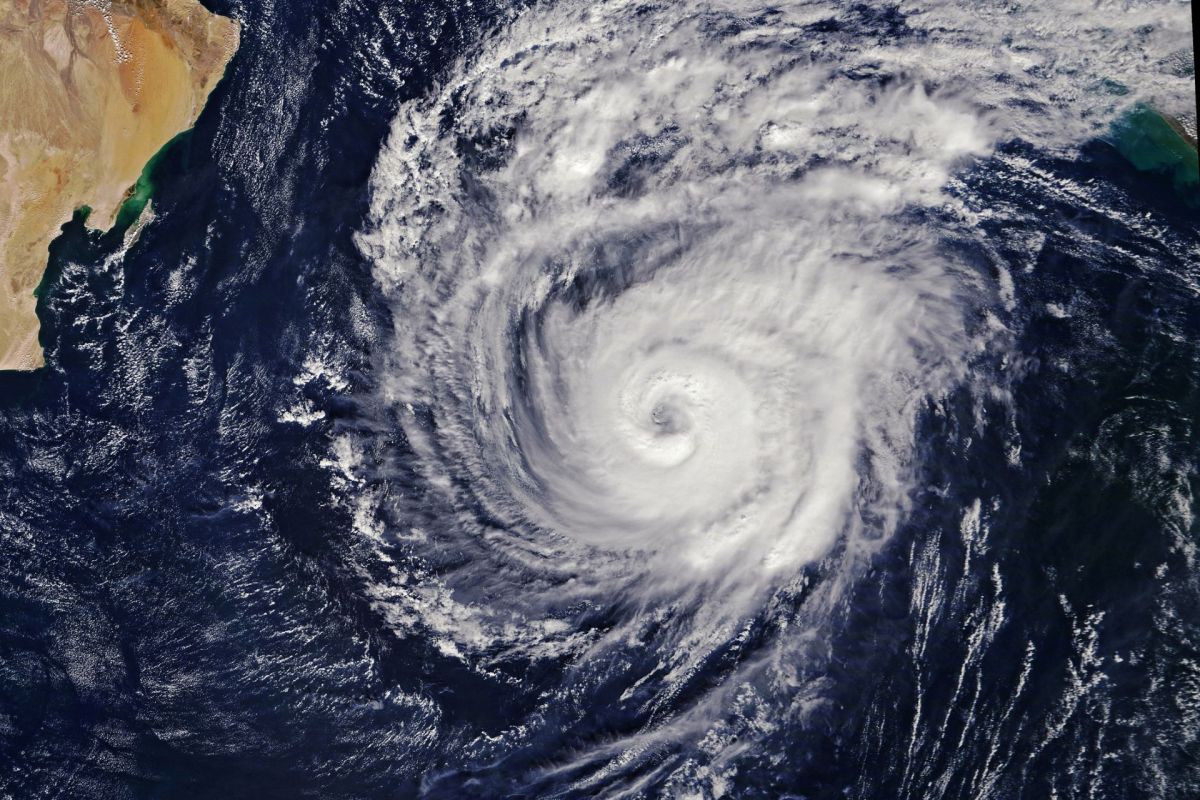 A satellite view of a hurricane.