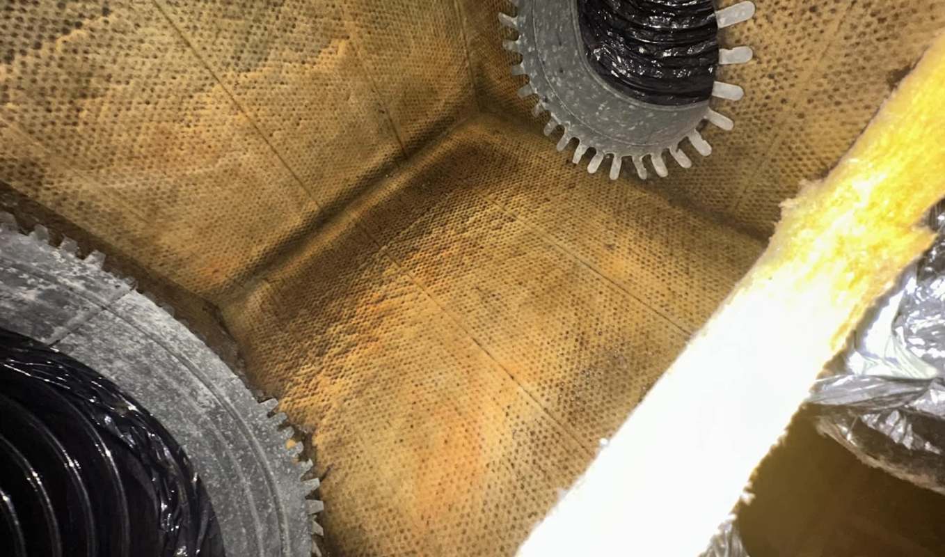 An interior view of a cylinder with a textured surface and circular, gear-like edges.