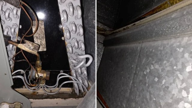 A close up look at the inside of an HVAC unit