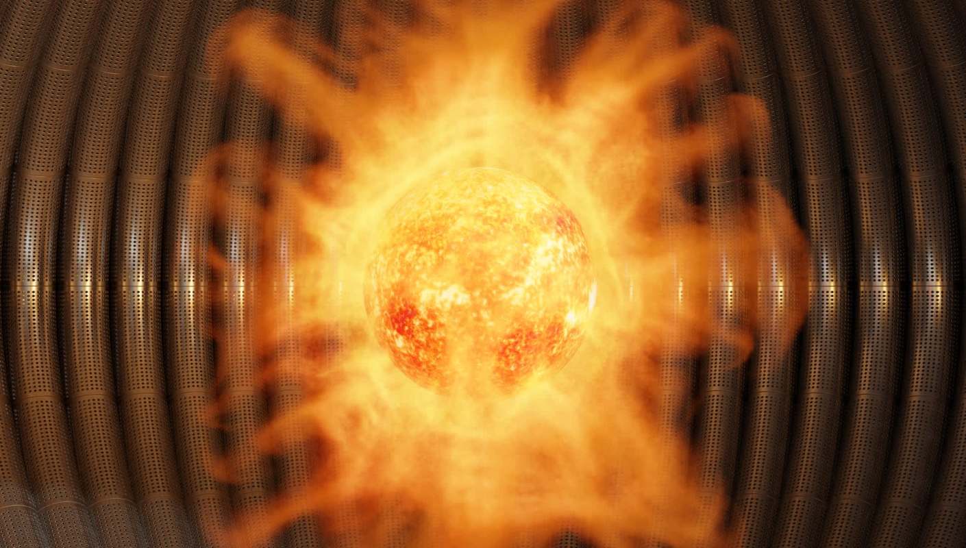 A glowing chemical reaction with fiery textures against a metallic background.
