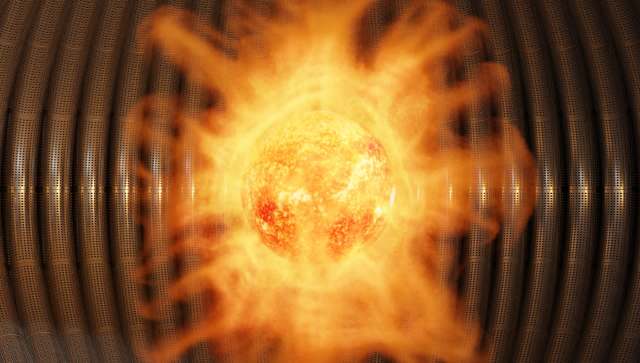 A glowing chemical reaction with fiery textures against a metallic background.