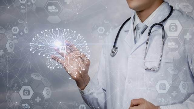 A healthcare professional interacts with a digital interface displaying AI technology.