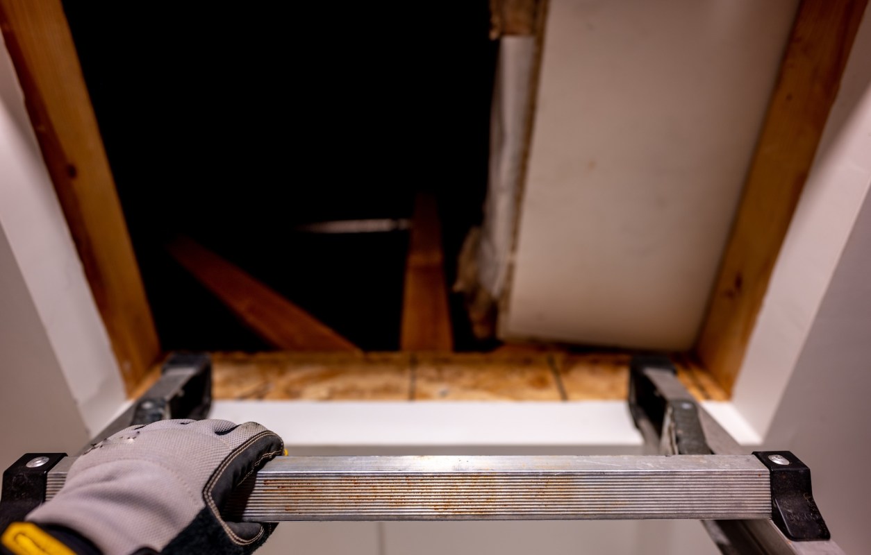 A hand in a glove holds a metal ladder near an open attic entrance.