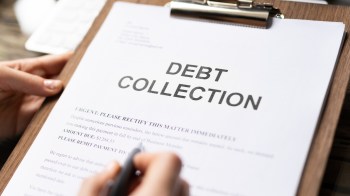 A person holding a document titled "DEBT COLLECTION" on a clipboard with text below.