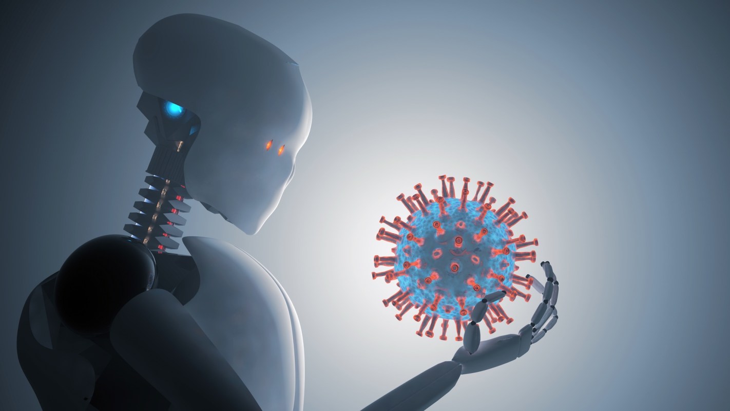 A robot holds a depiction of a virus while illuminated against a gradient background.