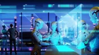 A man with two robots interacting with a digital interface in a high-tech environment.