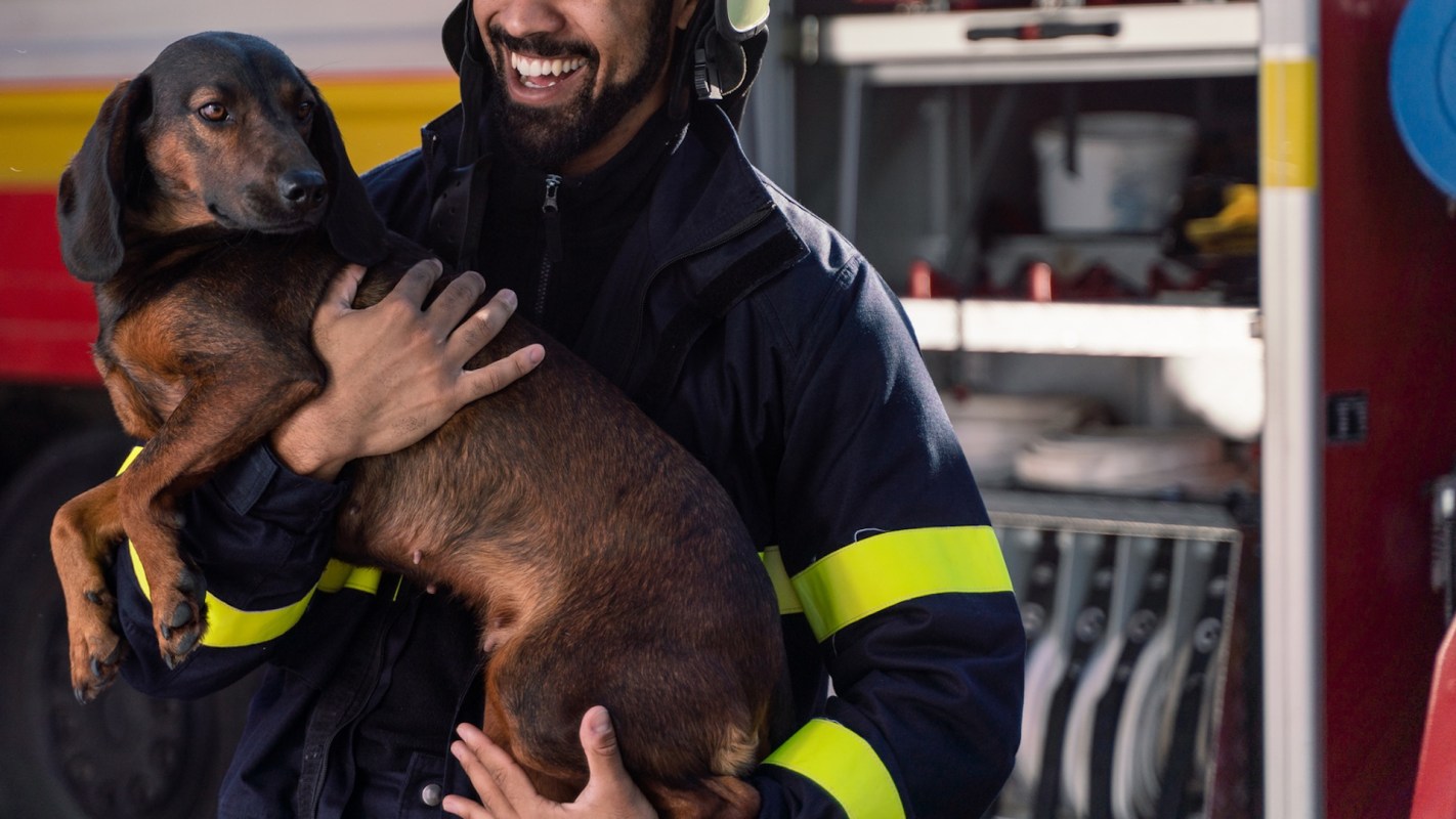 A person in a uniform holds a dog in front of a fire truck.